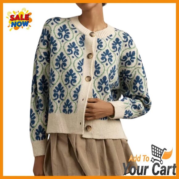 Floral Cardigan Sweater Open Front Long Sleeve Button Down Knit Vintage